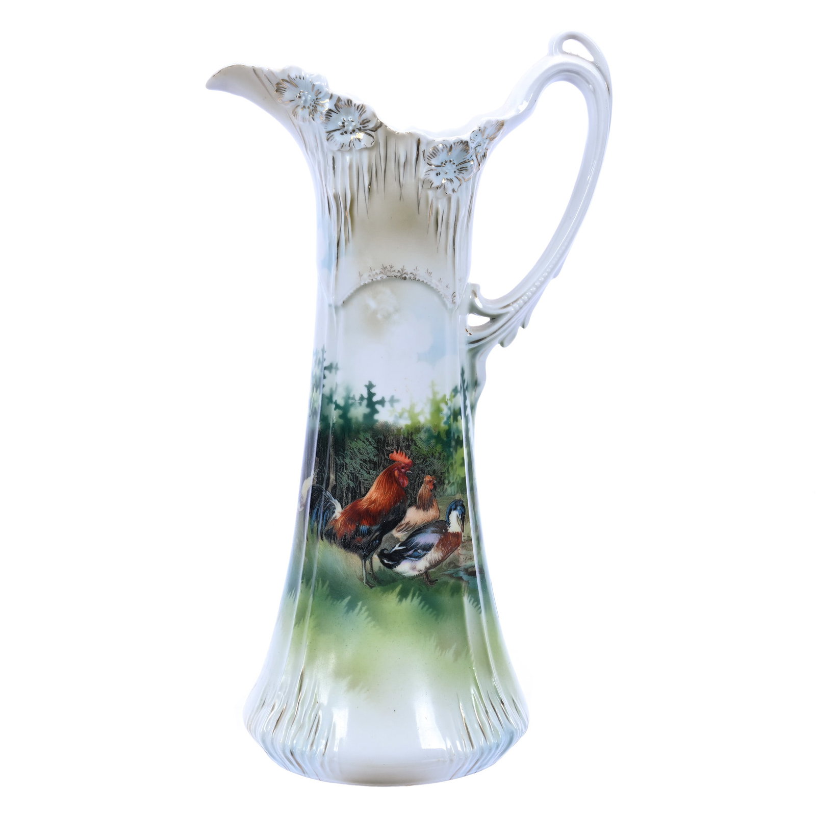 Tankard Marked R.S. Prussia, Icicle Mold, Farmyard Scenic Decor: Tankard Marked R.S. Prussia, Icicle Mold, Farmyard Scenic Decor, 11.75" x 6.5", Turkey On Back, Grady And Annette Hite Collection, NC.