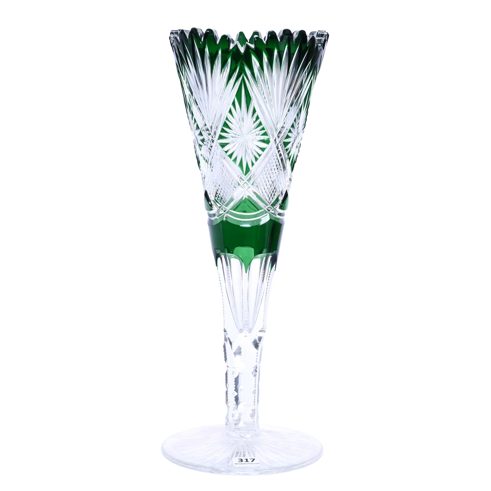 Trumpet Vase, Brilliant Period Cut Glass, Emerald Green Cut To Clear (1 of 3)