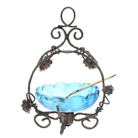 Salt Dip, Blue Cased Art Glass Bowl With Threading