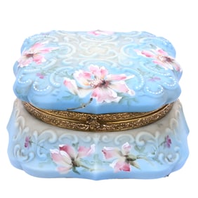 Dresser Box Marked Nakara, Cross Mold, Blue And Cream Tones, Pink Poppy Decor
