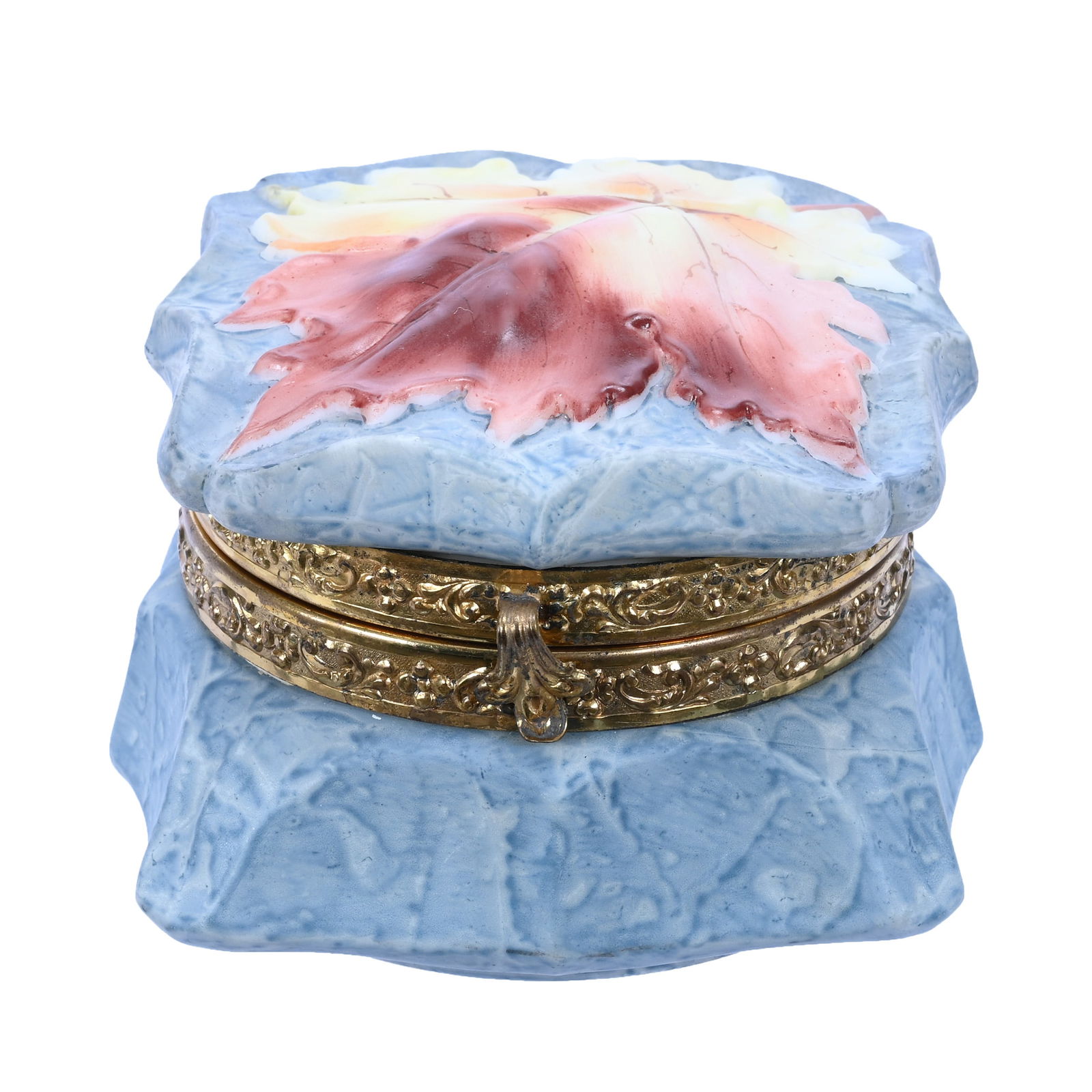 Jewel Box Marked Kelva, Blown Mold Oak Leaf Lid (1 of 4)