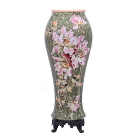 Footed Vase Marked Kelva, Green Mottled Ground, Pink Poppy Decor
