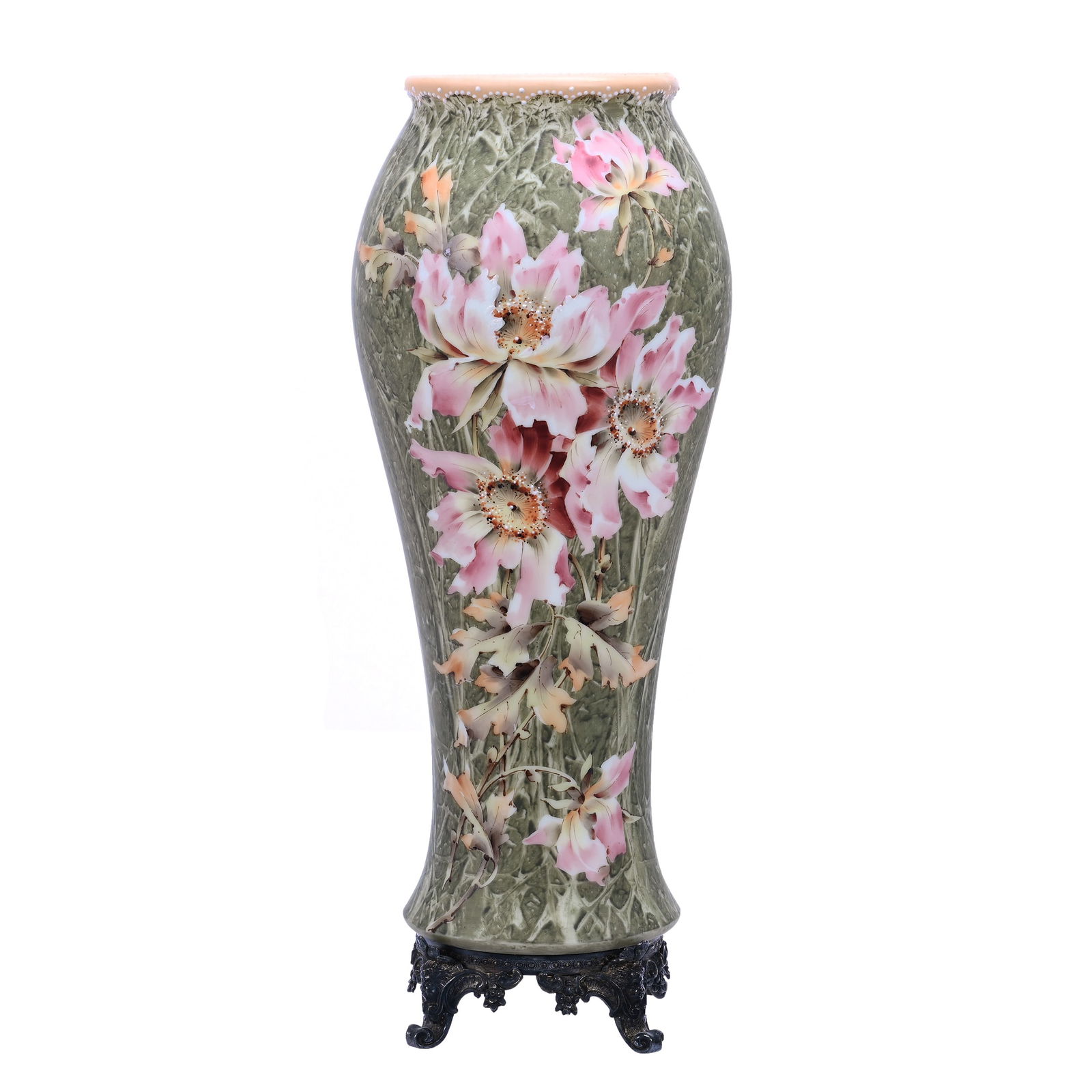 Footed Vase Marked Kelva, Green Mottled Ground, Pink Poppy Decor (1 of 3)