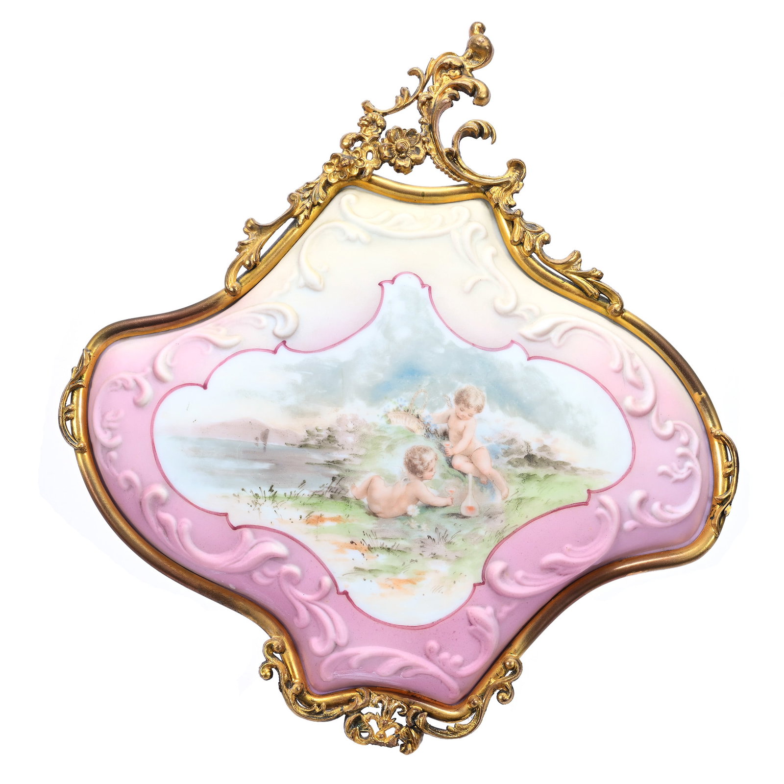 Plaque, Unmarked Nakara, Scroll Mold, Pink And Cream Tones: Plaque, Unmarked Nakara, Scroll Mold, Pink And Cream Tones, 10.5" x 8.75", Scene Of Cherubs Drinking Wine, Mounted In Ornate 12" x 11" Gilt Metal Frame, Tip Of Frame Bottom Is Currently Taped To Back,