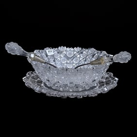 Salad Set, American Brilliant Cut Glass, Trellis Pattern Attributed To J. Hoare
