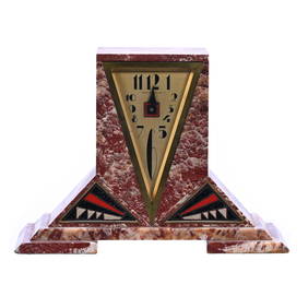 French Clock, Art Deco, Red And Cream Marble Case With Triangular Shaped Clock Face Marked "Leonard (1 of 11)