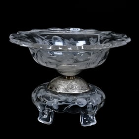 Centerpiece, Two Part, American Brilliant Cut Glass, Highly Engraved Gooseberry Decor