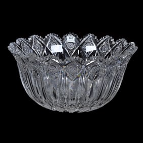 Punch Bowl, One Piece, American Brilliant Cut Glass, Signed Hawkes Brunswick Pattern