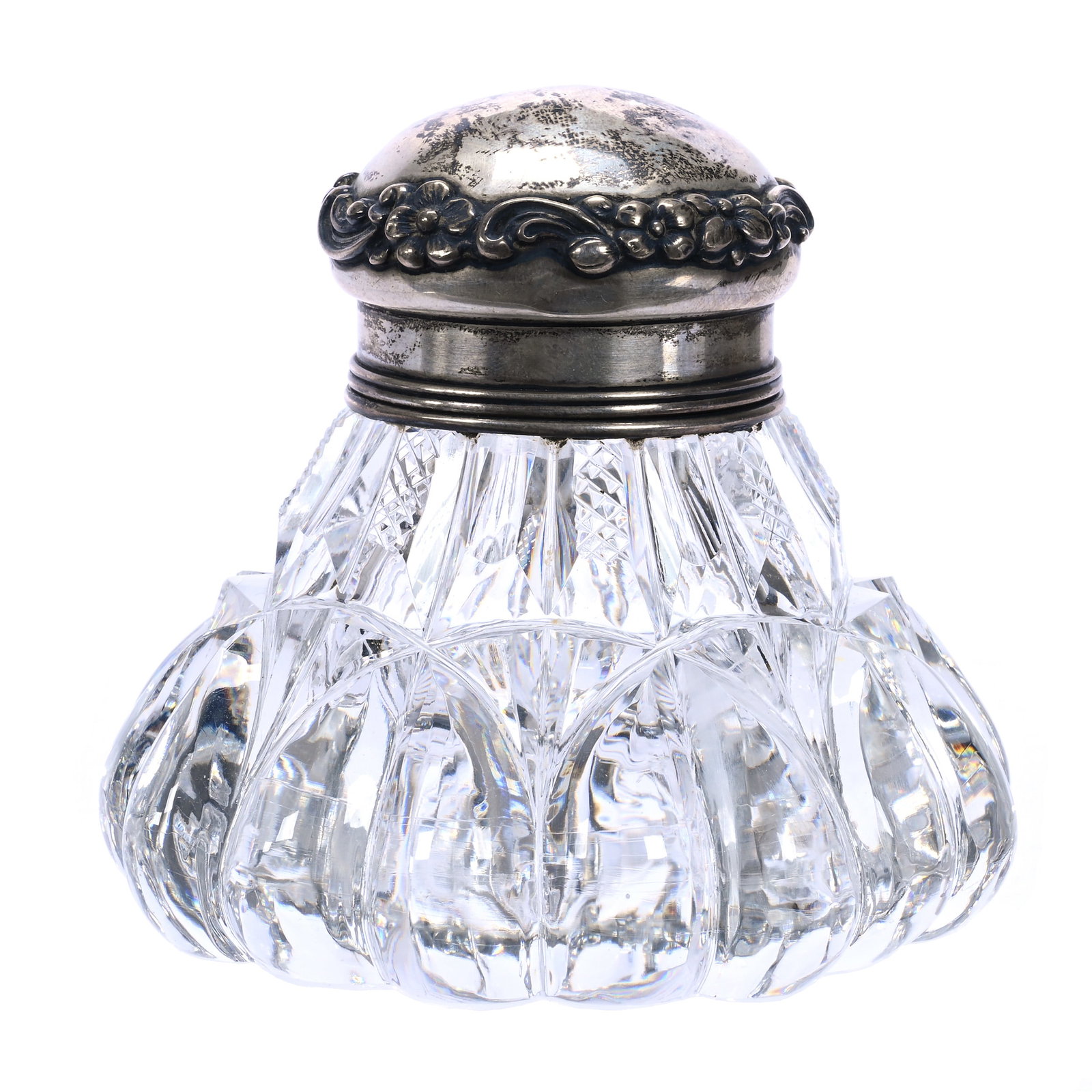 Inkwell, American Brilliant Cut Glass, Tusk And Strawberry Diamond Motif: Inkwell, American Brilliant Cut Glass, Tusk And Strawberry Diamond Motif, 3.5" x 3.75", Ray Cut Base, Sterling Silver Flip Lid Marked Tiffany And Company, Grady And Annette Hite Collection, NC.