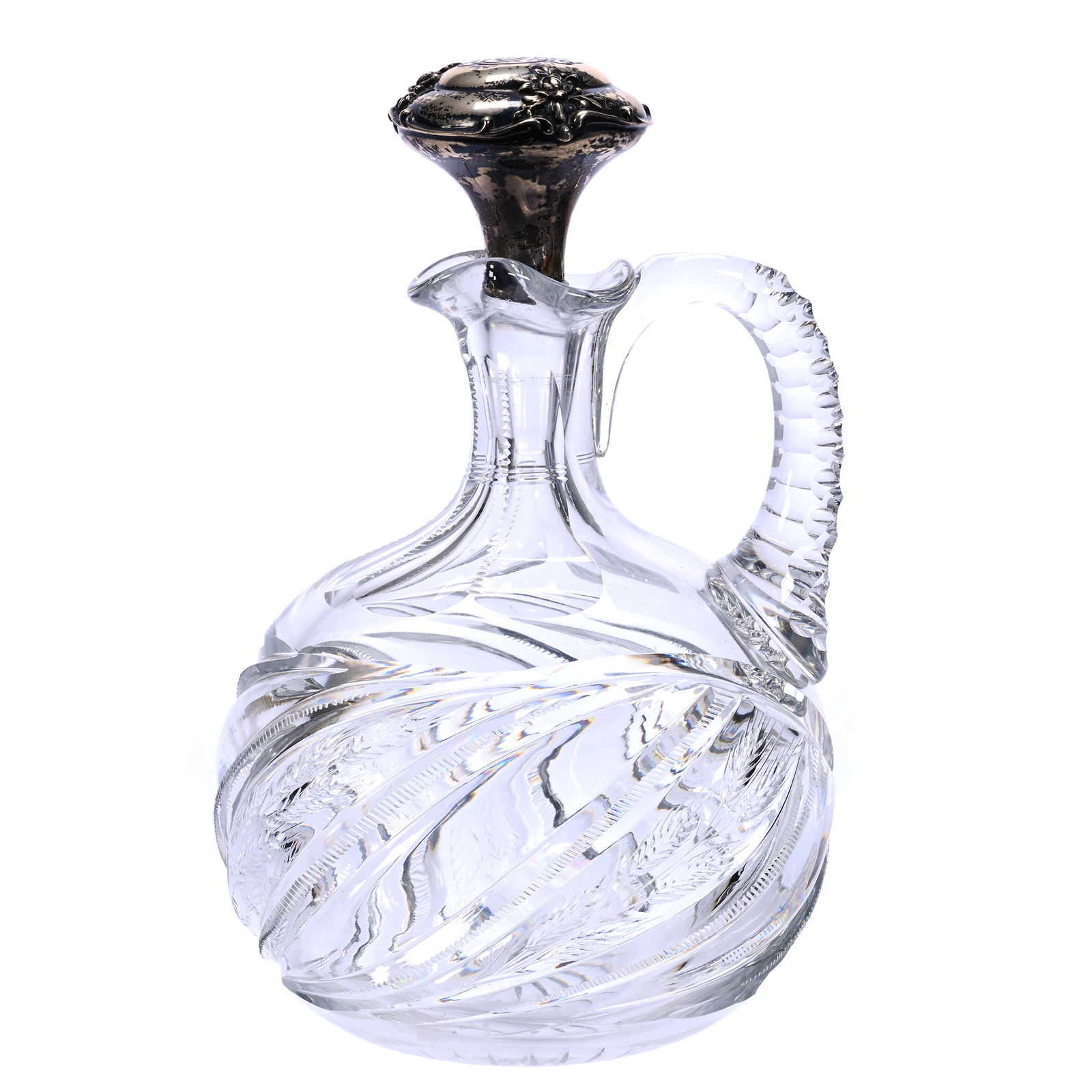 Oval Decanter, American Brilliant Cut Glass, Swirled Tusk, Zipper And Engraved Wheat Pattern: Oval Decanter, American Brilliant Cut Glass, Swirled Tusk, Zipper And Engraved Wheat Pattern, 8.75" x 5.5", Gorham Sterling Silver Stopper, Triple Notched Handle, Ray Cut Base, Grady And Annette Hite