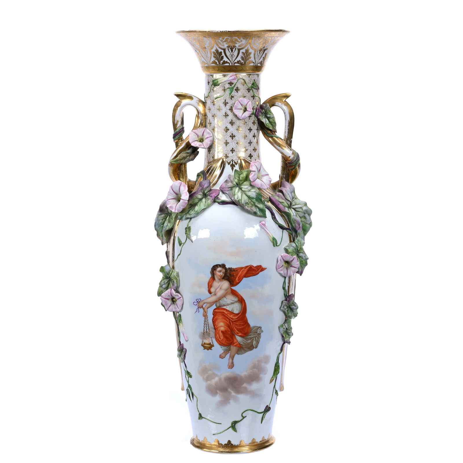 Vase, Two Handles, Unmarked Old Paris Style: Vase, Two Handles, Unmarked Old Paris Style, 26.75" x 9", Elaborate Three Dimensional Morning Glory Design, Hand Painted Scenes, Gold Stencil Highlights, Base Chip Repair, Some Gold Wear, Total Weight