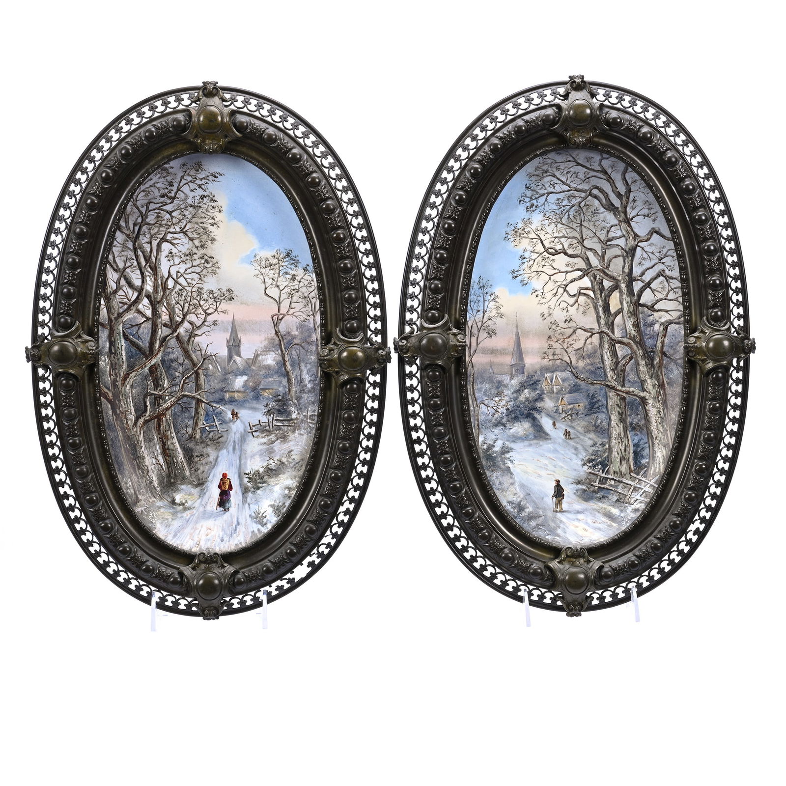 Pair Oval Plaques Marked Kraftstal Flintware Pottery (1 of 5)