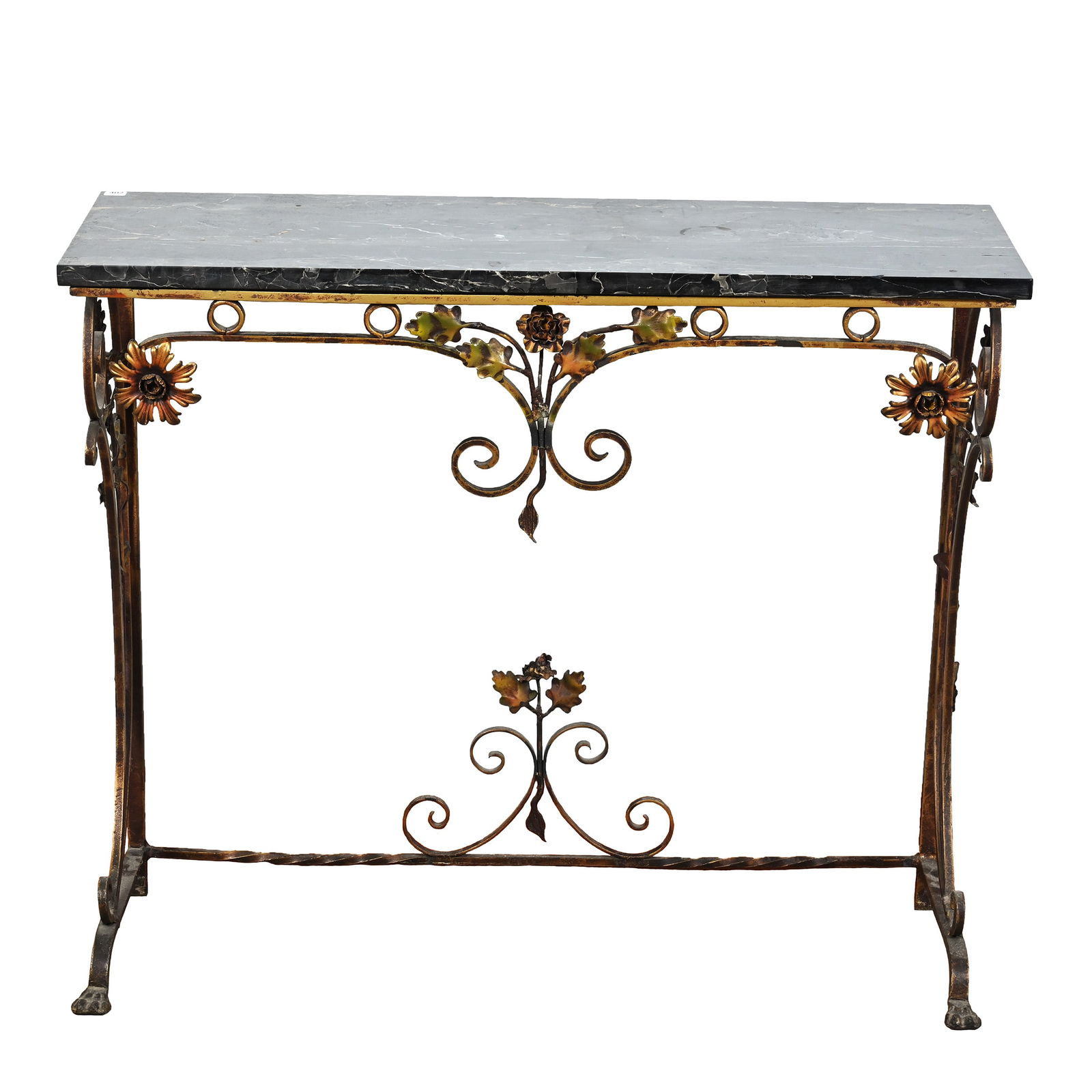 Furniture - Console Table, Wrought Iron With Marble Top In Style Of Oscar Bach: Console Table, Wrought Iron With Marble Top In Style Of Oscar Bach, 30.5" x 36" x 12" approximately, Black Marble Top With Iron Foliage, Some Loss To Foliage, Overall Very Nice, Total Weight Of Over 6