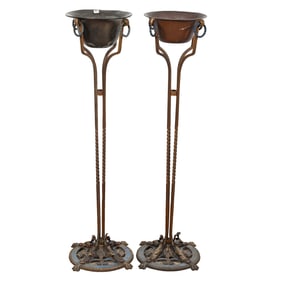 Furniture - Pair Plant Stands, Cold Painted Wrought Iron, Attributed To Oscar Bach