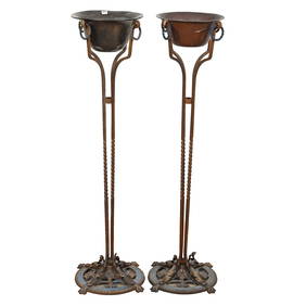 Furniture - Pair Plant Stands, Cold Painted Wrought Iron, Attributed To Oscar Bach (1 of 5)