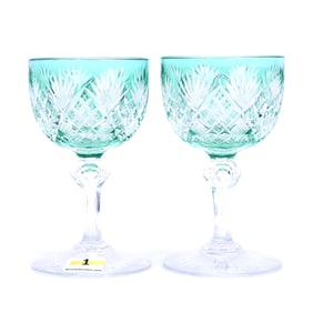 Pair Wine Stems, ABCG, Turquoise Cut To Clear, Pattern #28 By Dorflinger