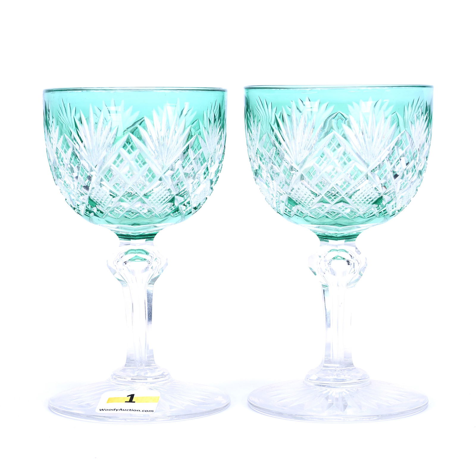 Pair Wine Stems, ABCG, Turquoise Cut To Clear, Pattern #28 By Dorflinger