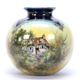 Vase, Ball Shape, Marked R.S. Prussia, Cottage Scenic Decor, Cobalt Blue Border