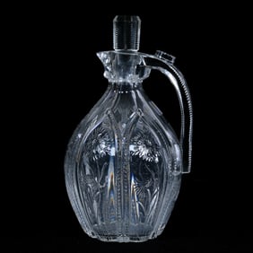 Whiskey Jug, American Brilliant Cut Glass, Tusk And Prism With Engraved Floral Highlights