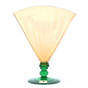 Fan Vase Signed Steuben Art Glass, Solid Amber Body With Green Foot