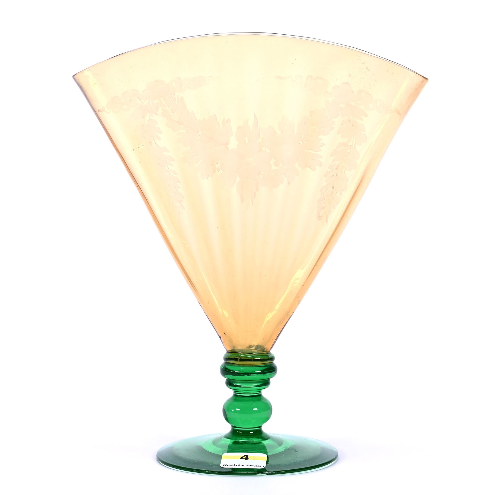 Fan Vase Signed Steuben Art Glass, Solid Amber Body With Green Foot (1 of 4)