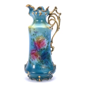 Ewer Marked Royal Vienna, Blue And Yellow Tones, Colorful Floral Decor