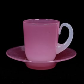 Cup And Saucer Signed Stevens & Williams Pink Opaque Art Glass