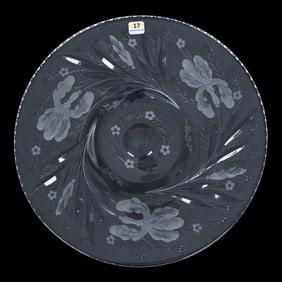 Round Tray, American Brilliant Cut Glass, Signed Hawkes Engraved Iris Pattern