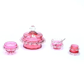 (4) Cranberry Art Glass Items With Applied Rigaree