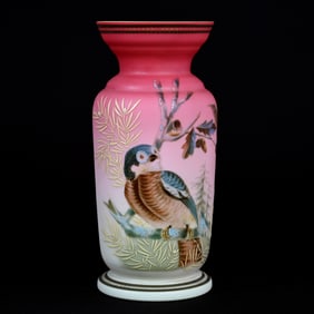 Vase, Cased Pink Satin Shading To White, Decorated