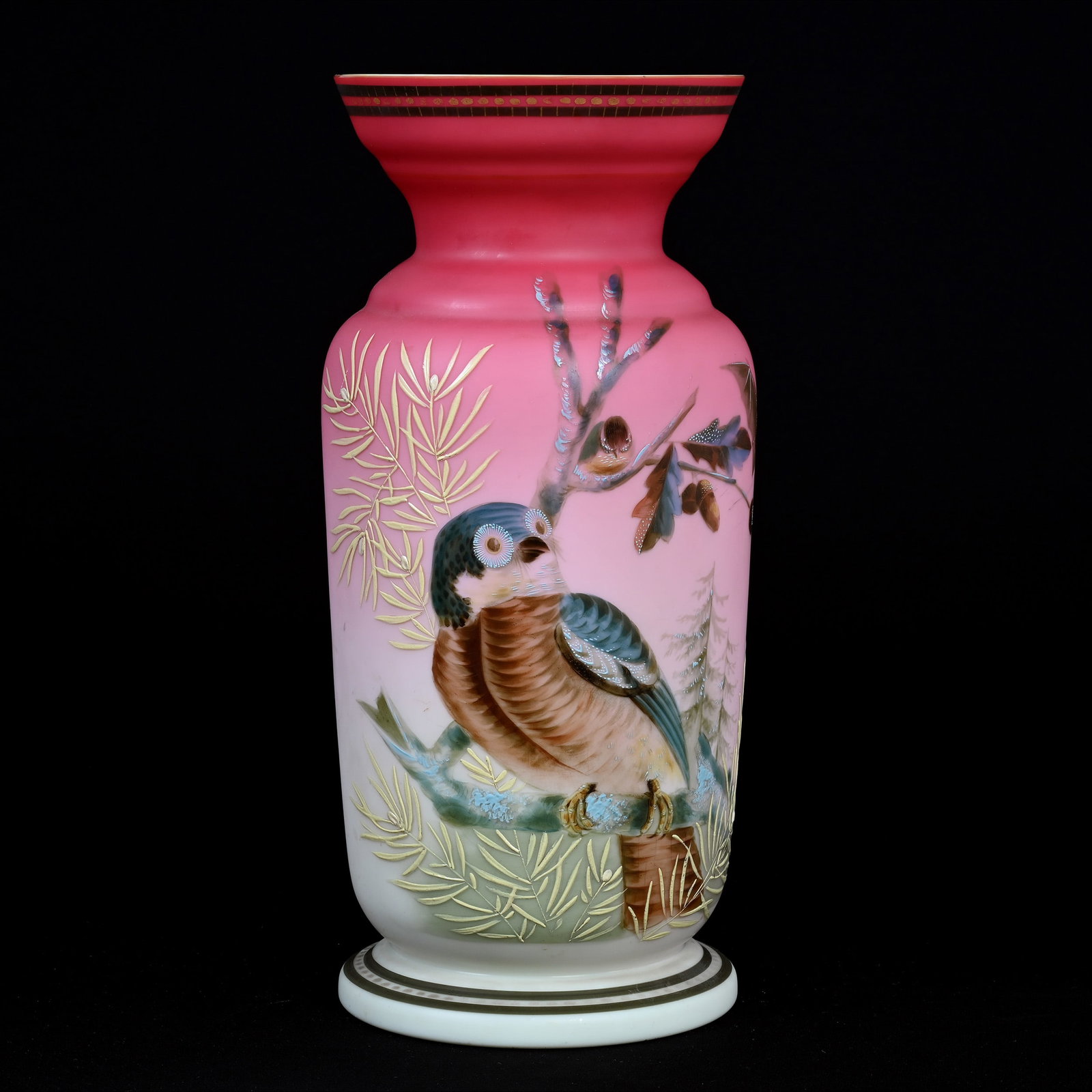 Vase, Cased Pink Satin Shading To White, Decorated: Vase, Cased Pink Satin Shading To White, Decorated, 16.5" x 7.5", Enamel Scene Of Birds, Acorn And Bat Decor, Serious Crack On Back, Grady And Annette Hite Collection, NC.