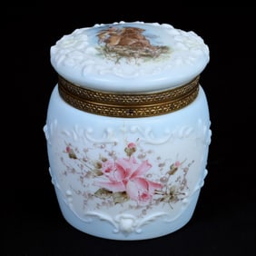 Humidor, Wave Crest Stamp Mark, Rare Decor Of Indian On Horseback On Lid, Blue And White Tones