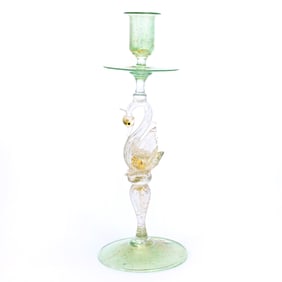 Candlestick, Venetian Art Glass, Green With Gold Mica Highlights, Figural Swan Stem