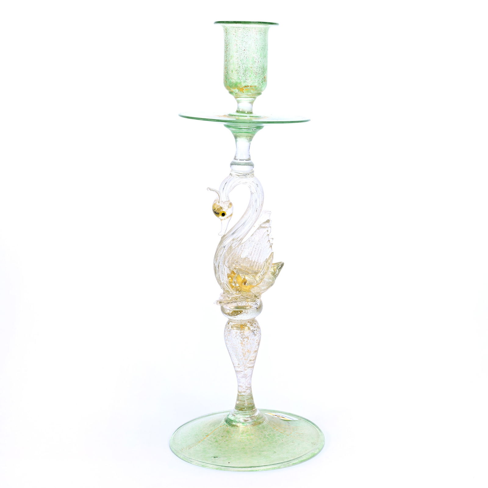 Candlestick, Venetian Art Glass, Green With Gold Mica Highlights, Figural Swan Stem: Candlestick, Venetian Art Glass, Green With Gold Mica Highlights, Figural Swan Stem, 11.5" x 4.25", Grady And Annette Hite Collection, NC.