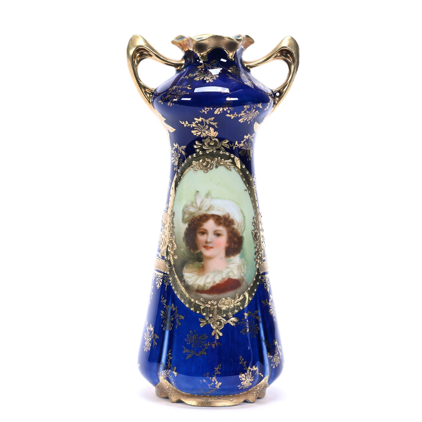 Vase, Two Handles, Unmarked Prussia, Cobalt Blue With Medallion Portrait (1 of 3)