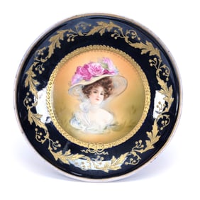 Compote Marked Prov Saxe, Gibson Girl Portrait, Cobalt Blue Border