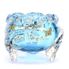 Footed Rose Bowl, Blue Art Glass In Style Of Moser