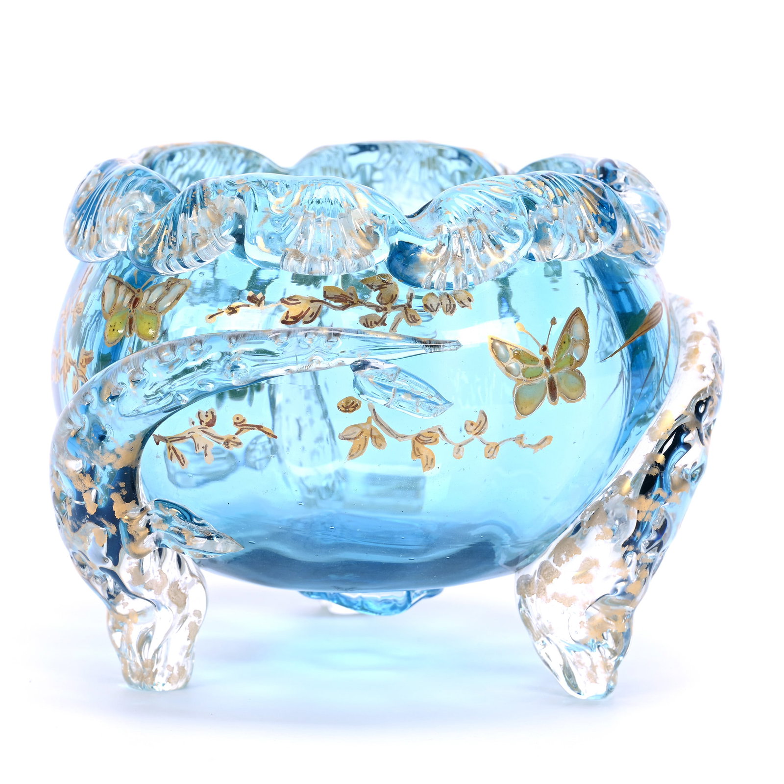 Footed Rose Bowl, Blue Art Glass In Style Of Moser: Footed Rose Bowl, Blue Art Glass In Style Of Moser, 4" x 5", Clear Applied Fish Feet, Impressed Pontil Registry Mark, Gold Enamel Branch And Butterfly Decor, End Of Two Tails Chipped, Grady And Annett