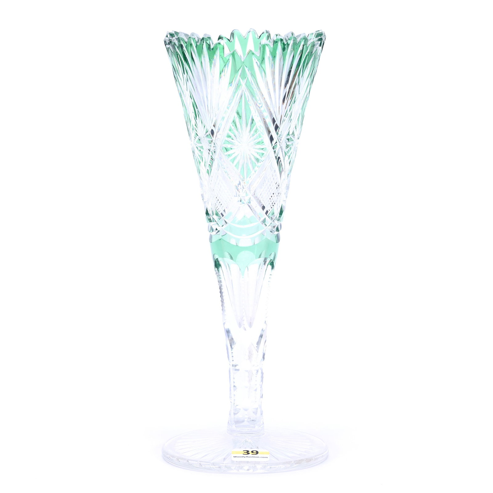 Trumpet Vase, Brilliant Period Cut Glass, Green Cut To Clear: Trumpet Vase, Brilliant Period Cut Glass, Green Cut To Clear, 10" x 4", Pattern #1338/7920 By Val St. Lambert, Circa 1908, Small Surface Tooth Nick, Rim Nicks, Grady And Annette Hite Collection, NC.