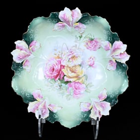 Bowl Marked R.S. Prussia, Iris Mold, Green Tones, Rose Decor