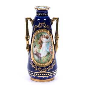 Vase Marked Royal Vienna, Cobalt Blue With Classic Medallion Courting Scene