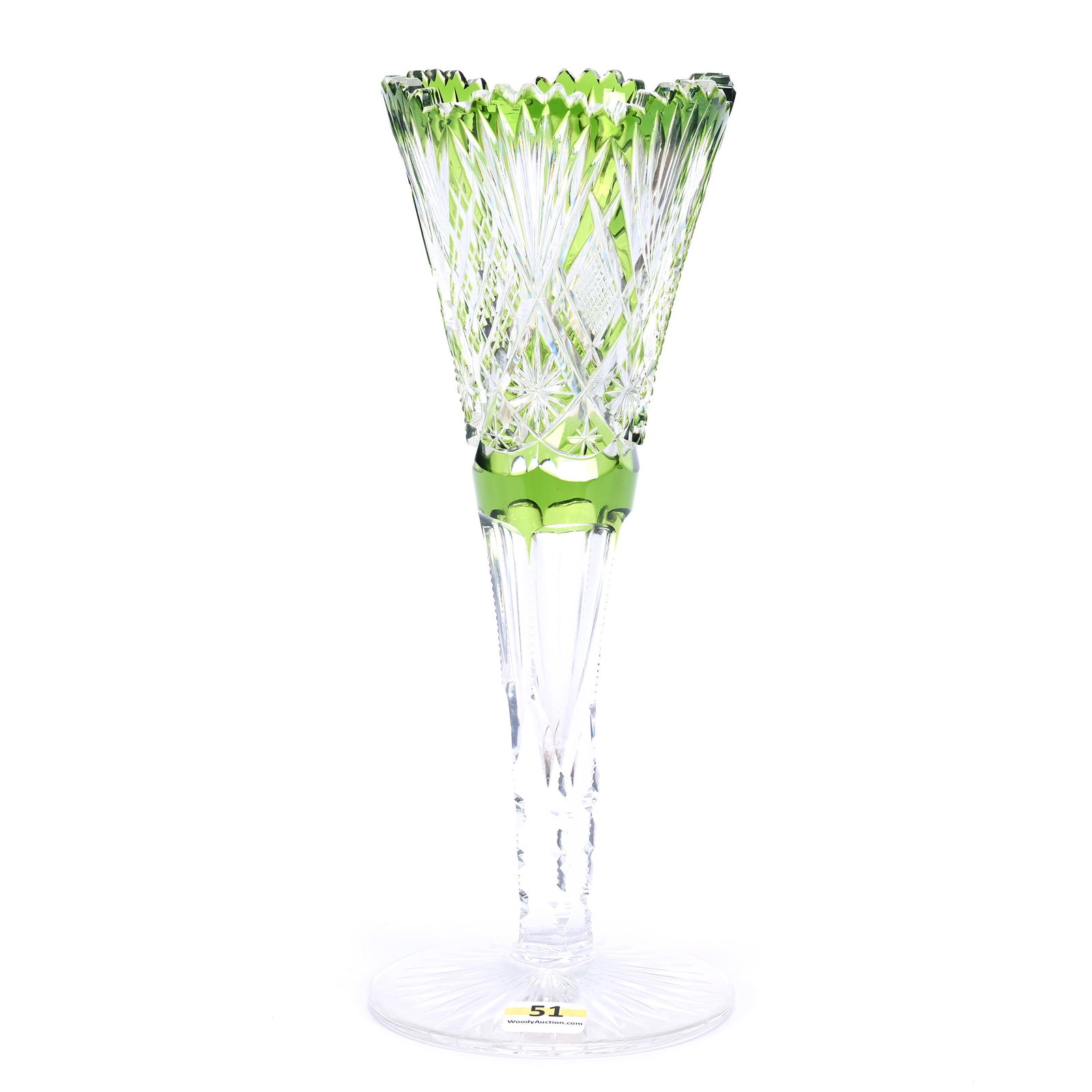 Trumpet Vase, Brilliant Period Cut Glass, Green Cut To Clear: Trumpet Vase, Brilliant Period Cut Glass, Green Cut To Clear, 10" x 4", Pattern #2900/17 By Val St. Lambert, Circa 1908, Rim Chip, Grady And Annette Hite Collection, NC.