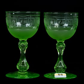 Pair Wine Stems, ABCG, Solid Apple Green Attributed To Boston & Sandwich