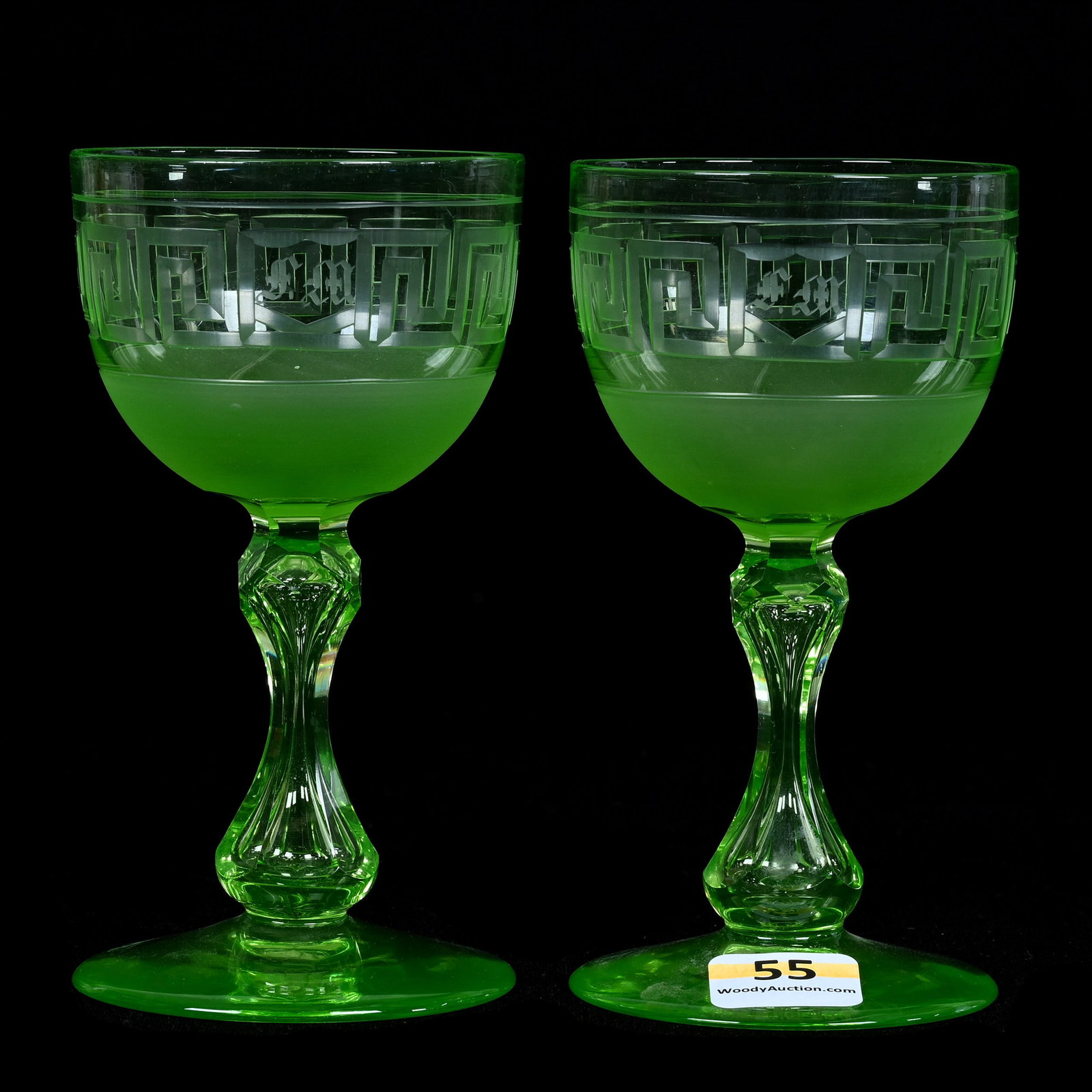 Pair Wine Stems, ABCG, Solid Apple Green Attributed To Boston & Sandwich: Pair Wine Stems, American Brilliant Cut Glass, Solid Apple Green Attributed To Boston & Sandwich, 4.875" x 2.625", Greek Key Design With Monogram, Apple Core Stem, Highly Reactive Under Black Light, G