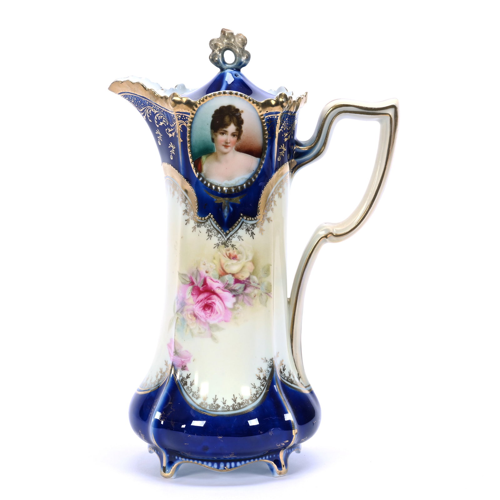 Chocolate Pot Marked R.S. Prussia, Medallion Mold, Cobalt Blue Border,: Chocolate Pot Marked R.S. Prussia, Medallion Mold, Cobalt Blue Border, 9.25" x 6", Medallion Portraits Of Potacka And Recamier, Professional Touch-Up To Finial, Grady And Annette Hite Collection, NC.