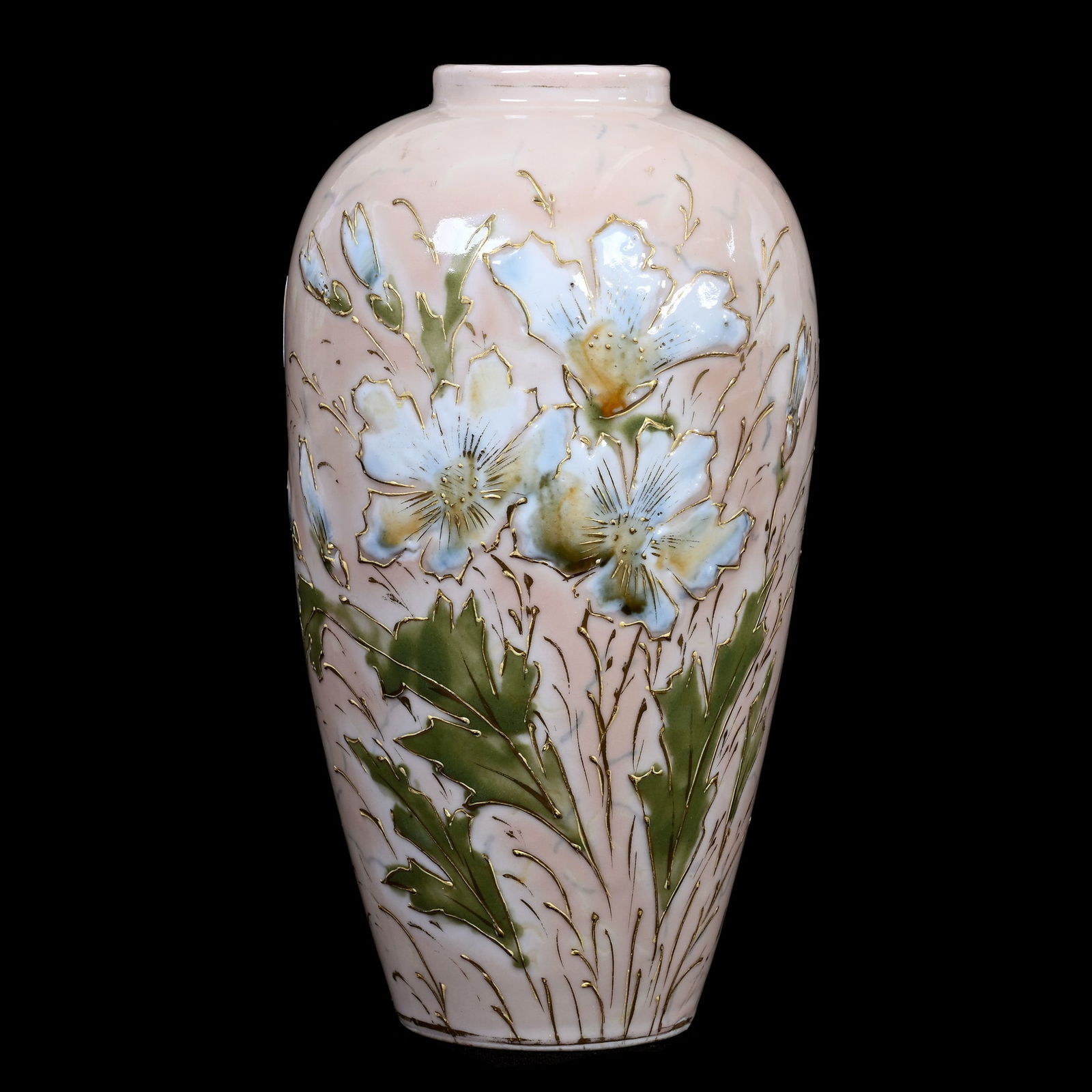 Vase, R.S. Steeple Mark, Pink Marble Ground, Blue Floral Decor (1 of 3)