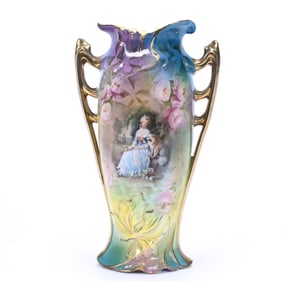 Vase, Two Handles, Marked Royal Vienna, Woman Seated With Dog
