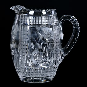 Barrel Pitcher, American Brilliant Cut Glass, Engraved Floral With Framed Basketweave Design