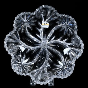 Scalloped Bowl, Blown Mold, American Brilliant Cut Glass, Signed Libbey Star And Feather Pattern