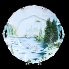 Cake Plate Marked R.S. Prussia, Swan And Columns Scenic Decor